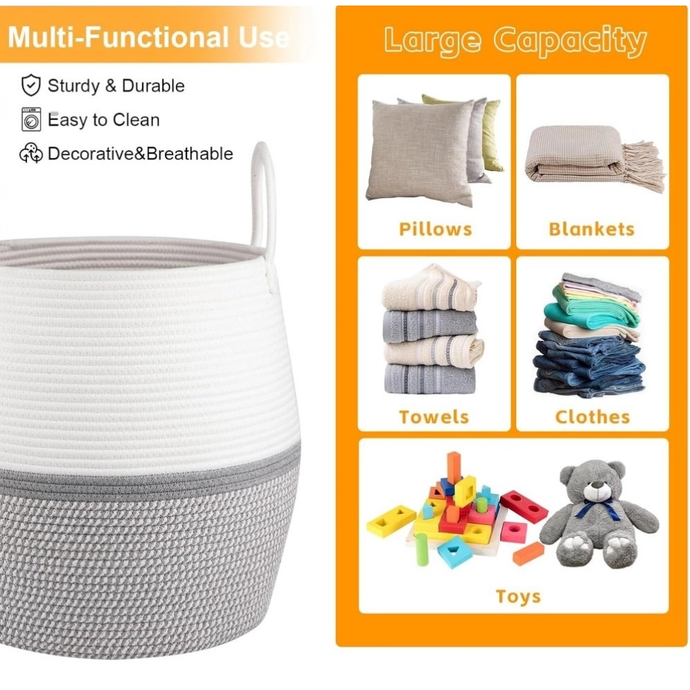 Cotton Matka With Handle 14x12 Inch Storage Basket For Clothes With Out Lid (Gray-White)