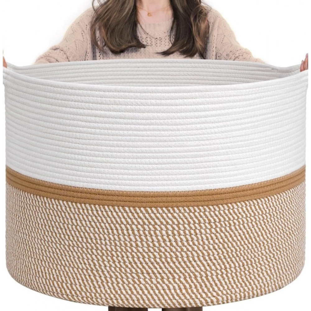 Cotton Dori 16x14 Inch Storage Basket For Clothes With Out Lid (White-Beige-White) - Image 4