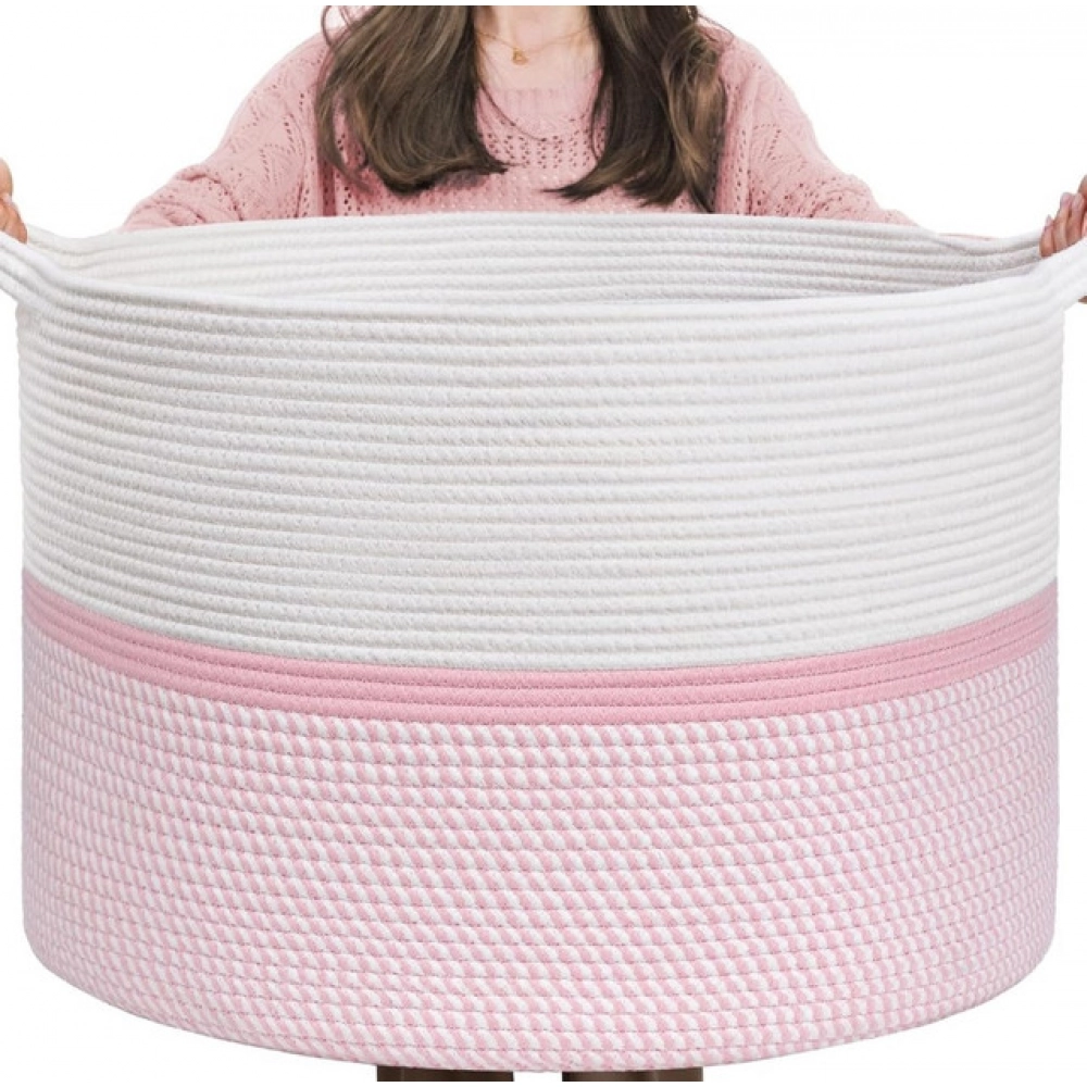 Cotton Dori 16x14 Inch Storage Basket For Clothes With Out Lid (White-Pink-White) - Image 4
