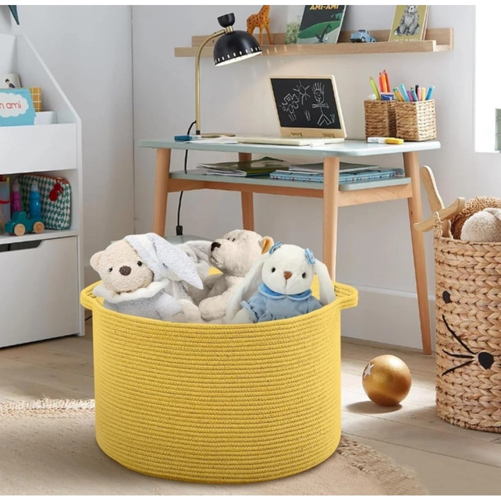 Cotton Pack Of_1 14x12 Inch Storage Basket For Clothes With Out Lid (Yellow) - Image 2