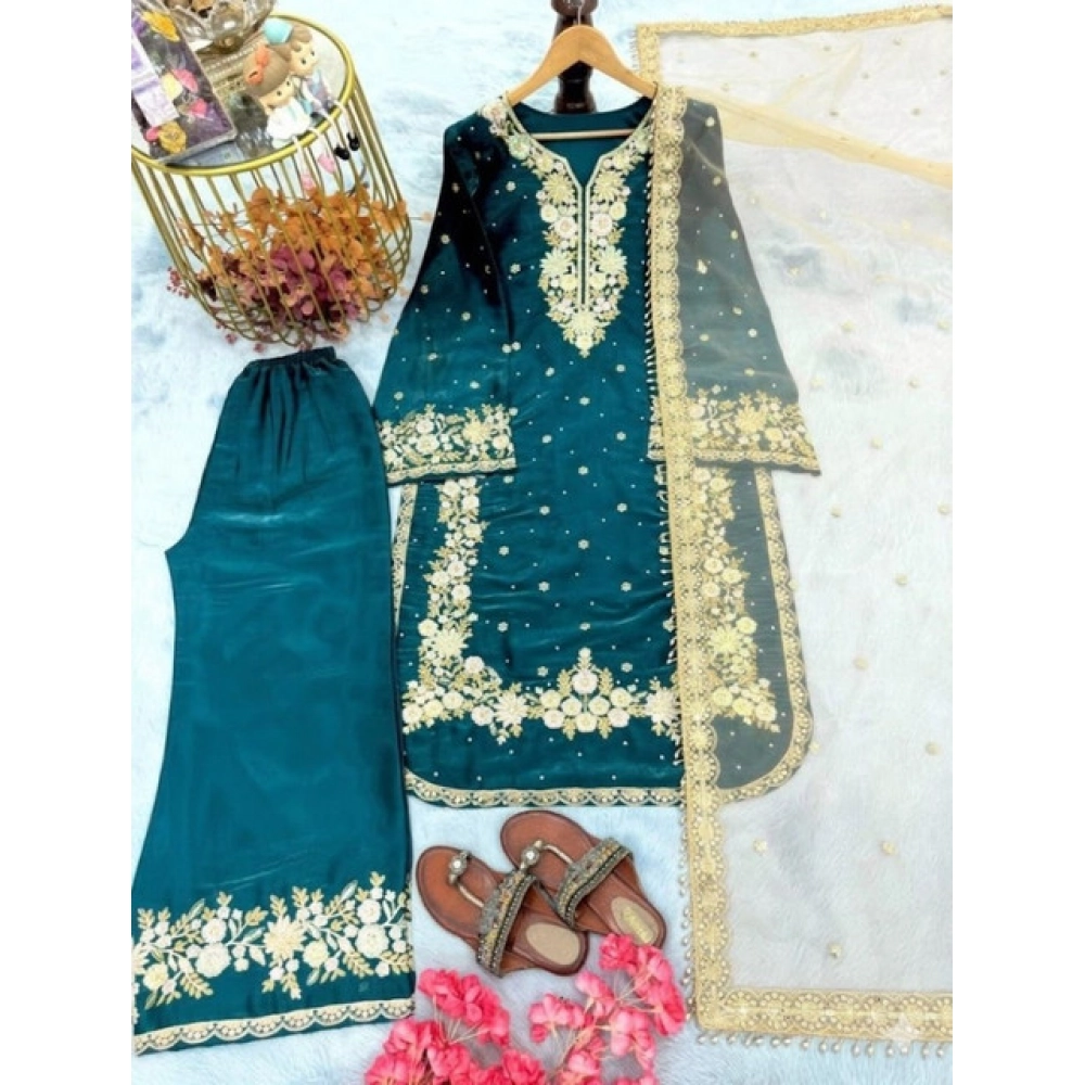 Women's Silk Embroidered 3/4th Sleeve Round Kurti With Palazzo Pant and Dupatta Set (Teal) - Image 3