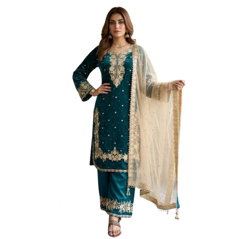 Women's Silk Embroidered 3/4th Sleeve Round Kurti With Palazzo Pant and Dupatta Set (Teal) - Image 4