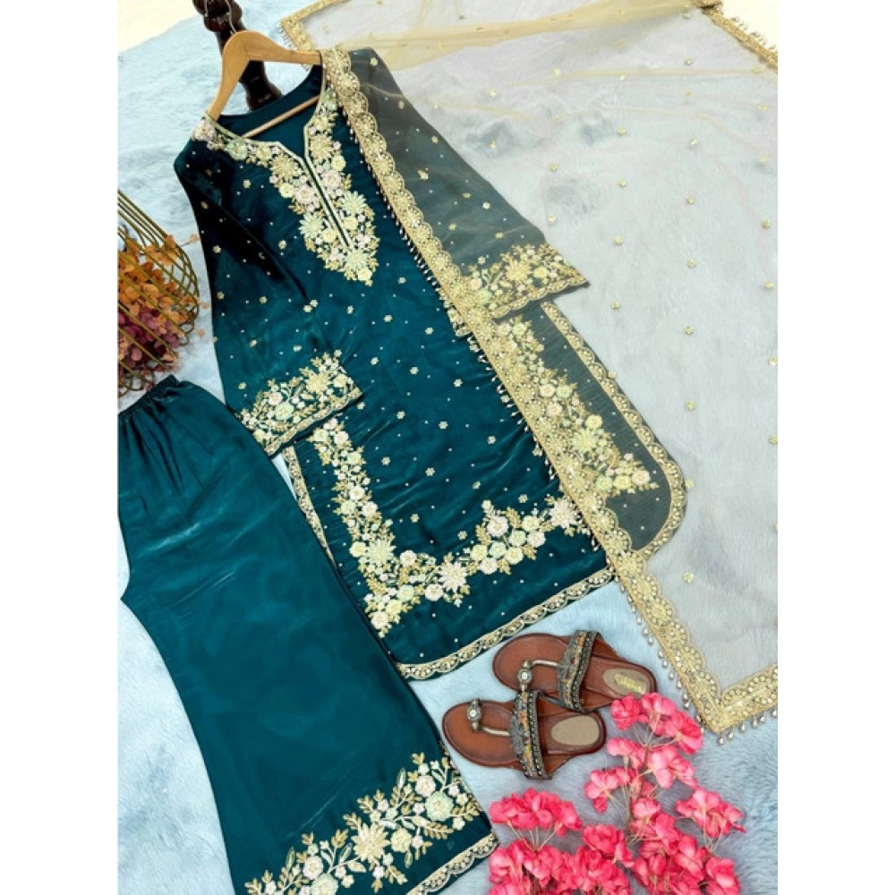 Women's Silk Embroidered 3/4th Sleeve Round Kurti With Palazzo Pant and Dupatta Set (Teal) - Image 5