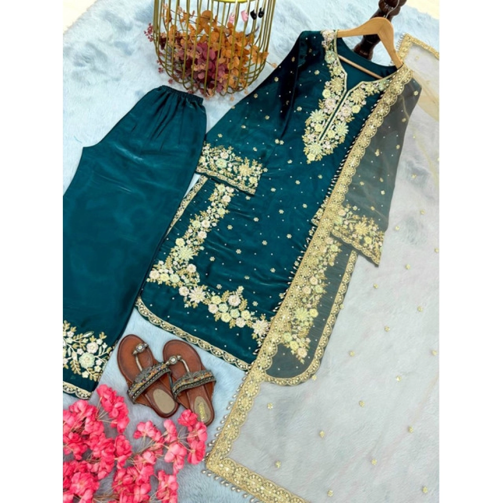 Women's Silk Embroidered 3/4th Sleeve Round Kurti With Palazzo Pant and Dupatta Set (Teal) - Image 6