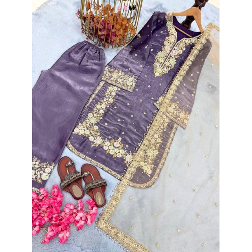 Women's Silk Embroidered 3/4th Sleeve Round Kurti With Palazzo Pant and Dupatta Set (Purple) - Image 6