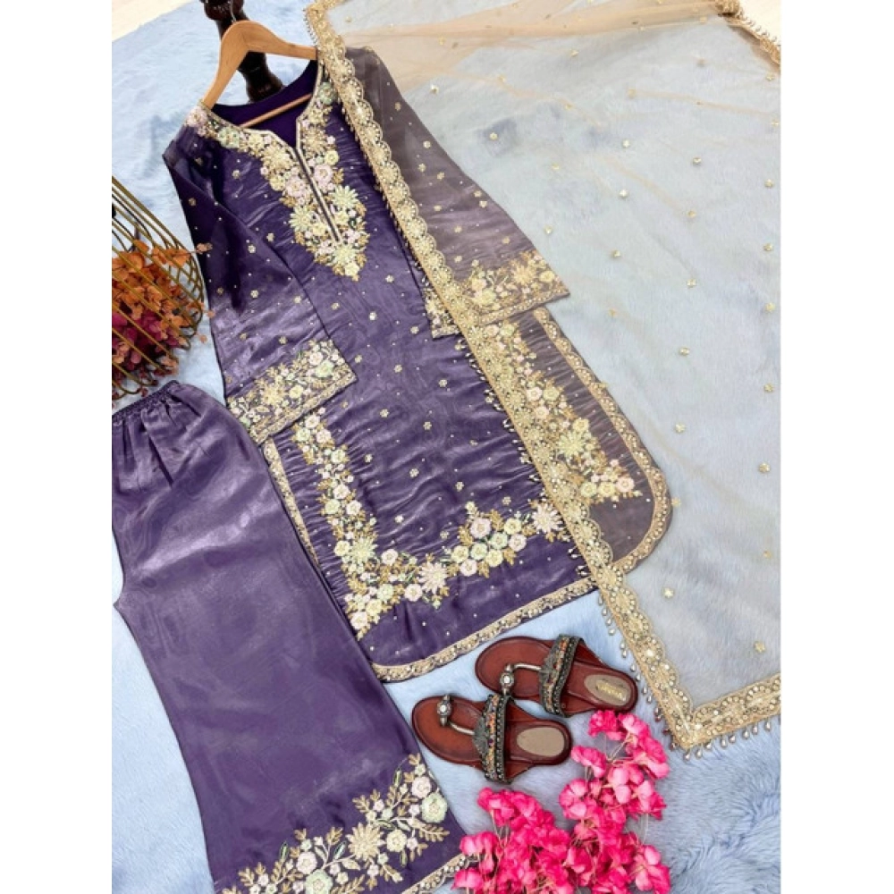 Women's Silk Embroidered 3/4th Sleeve Round Kurti With Palazzo Pant and Dupatta Set (Purple) - Image 5