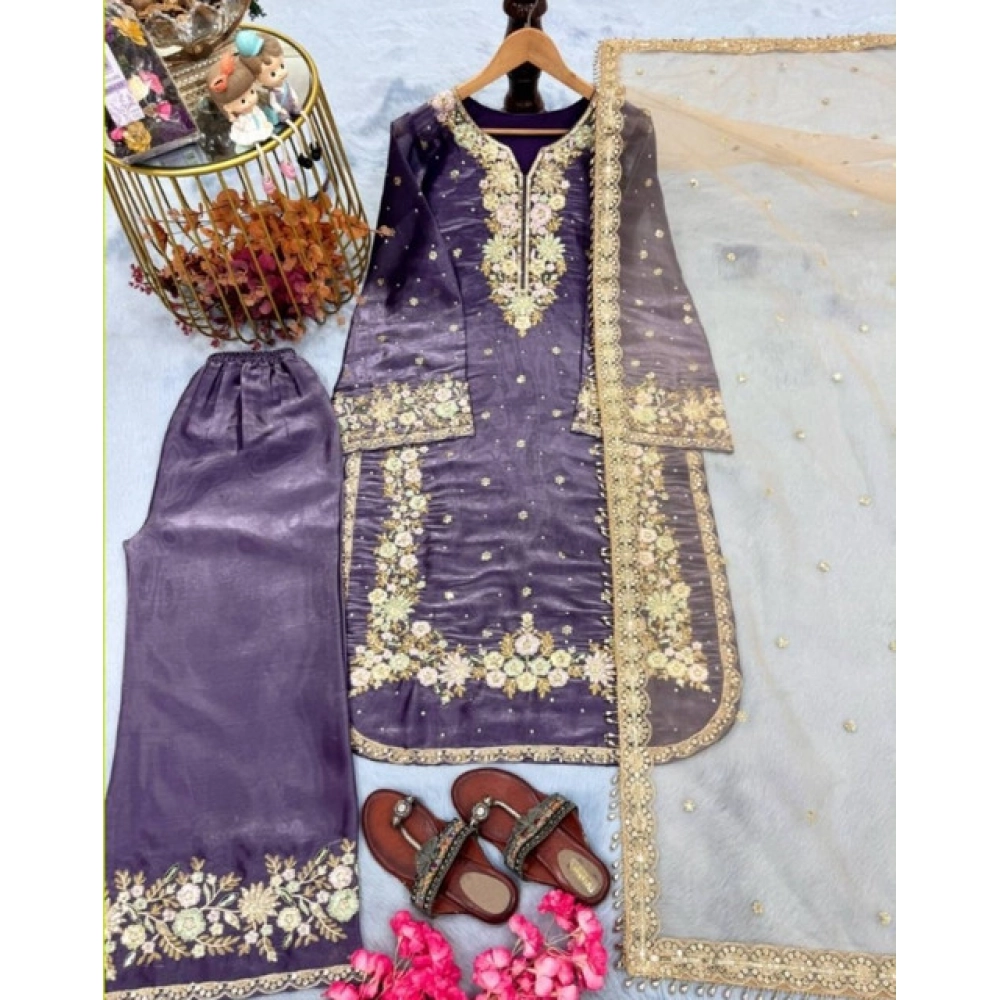 Women's Silk Embroidered 3/4th Sleeve Round Kurti With Palazzo Pant and Dupatta Set (Purple) - Image 3