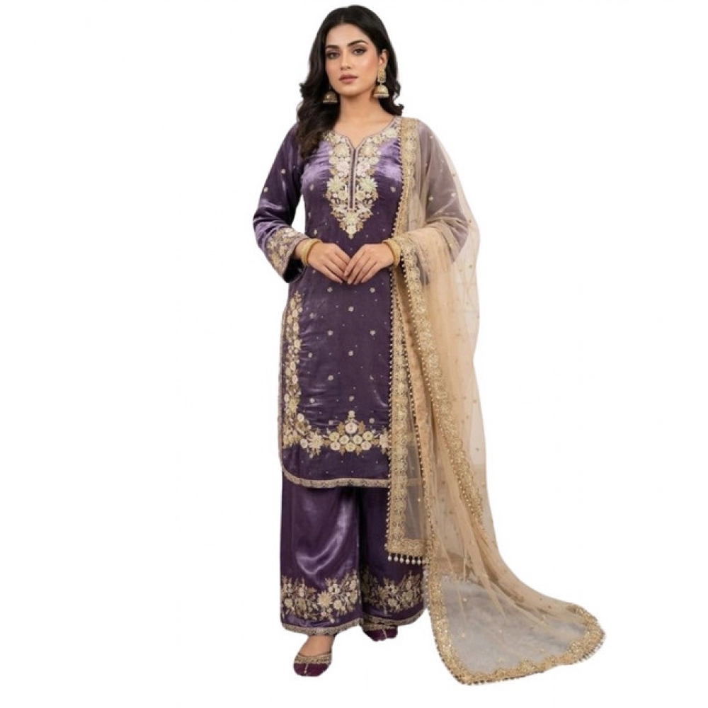 Women's Silk Embroidered 3/4th Sleeve Round Kurti With Palazzo Pant and Dupatta Set (Purple) - Image 4