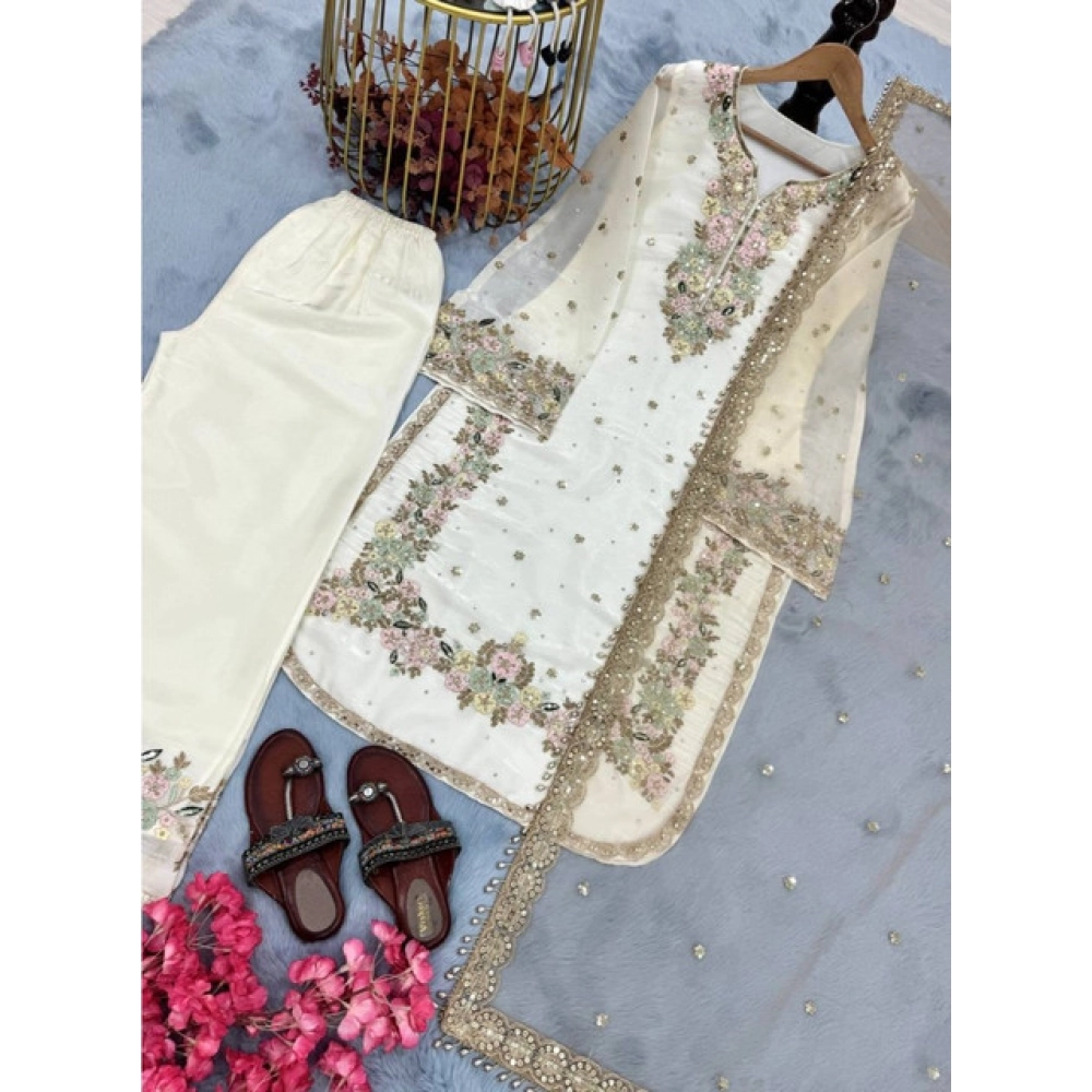 Women's Silk Embroidered 3/4th Sleeve Round Kurti With Palazzo Pant and Dupatta Set (White) - Image 6