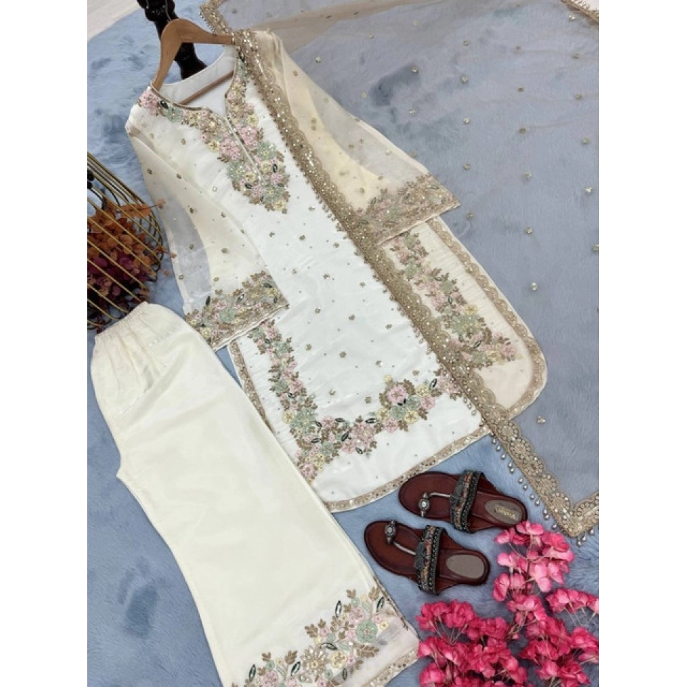Women's Silk Embroidered 3/4th Sleeve Round Kurti With Palazzo Pant and Dupatta Set (White) - Image 5