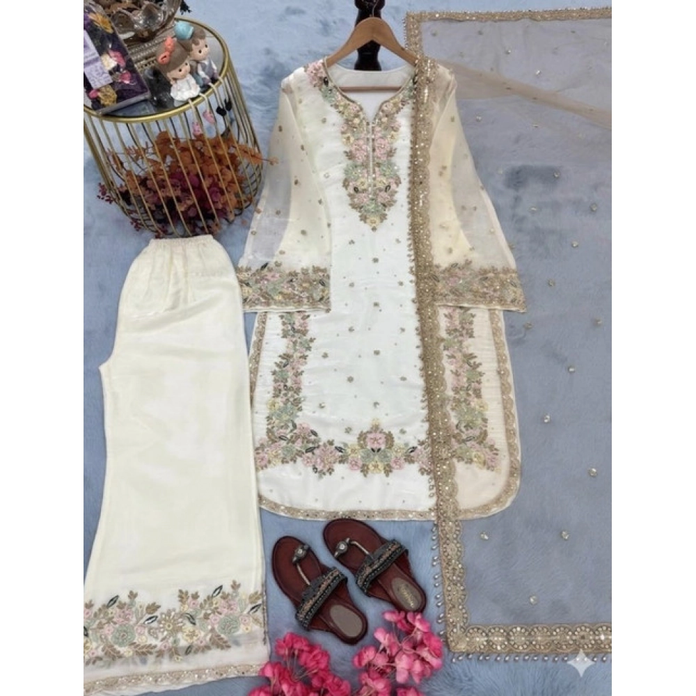 Women's Silk Embroidered 3/4th Sleeve Round Kurti With Palazzo Pant and Dupatta Set (White) - Image 3
