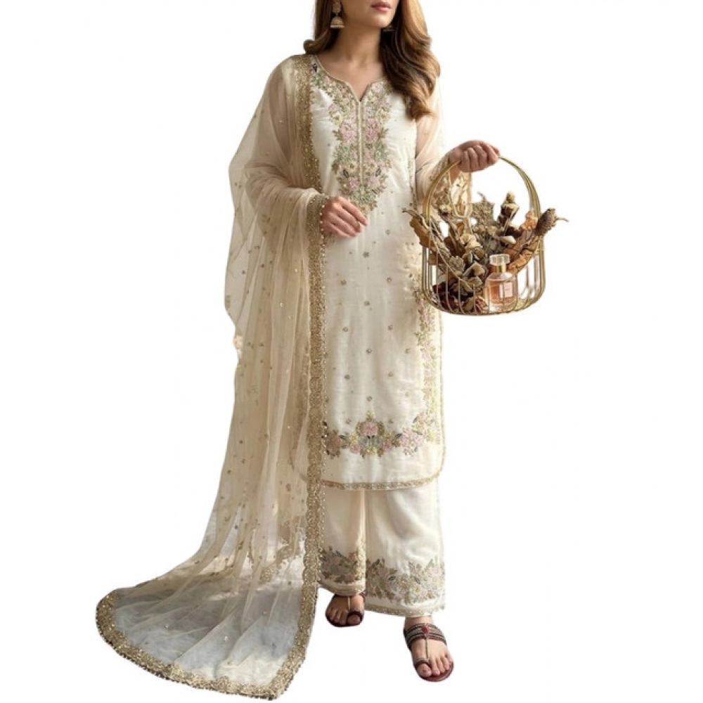 Women's Silk Embroidered 3/4th Sleeve Round Kurti With Palazzo Pant and Dupatta Set (White) - Image 4