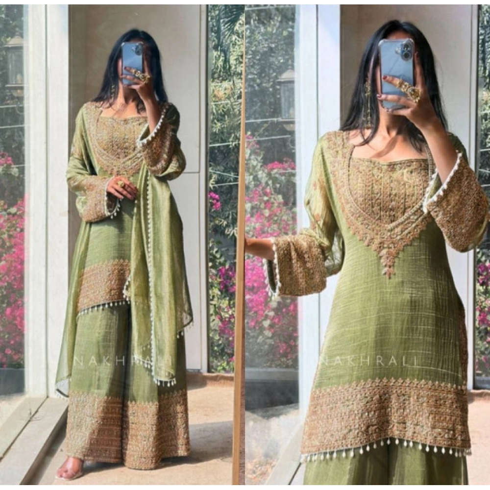 Women's Silk Embroidered 3/4th Sleeve Round Kurti With Sharara Pant and Dupatta Set (Green) - Image 4