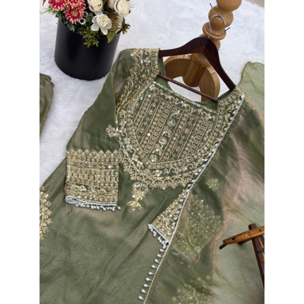 Women's Silk Embroidered 3/4th Sleeve Round Kurti With Sharara Pant and Dupatta Set (Green) - Image 5