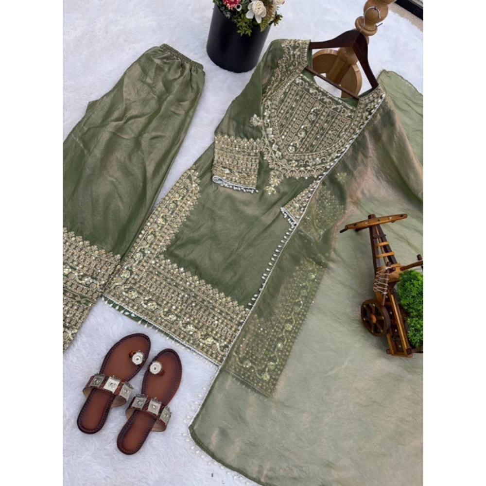 Women's Silk Embroidered 3/4th Sleeve Round Kurti With Sharara Pant and Dupatta Set (Green) - Image 6