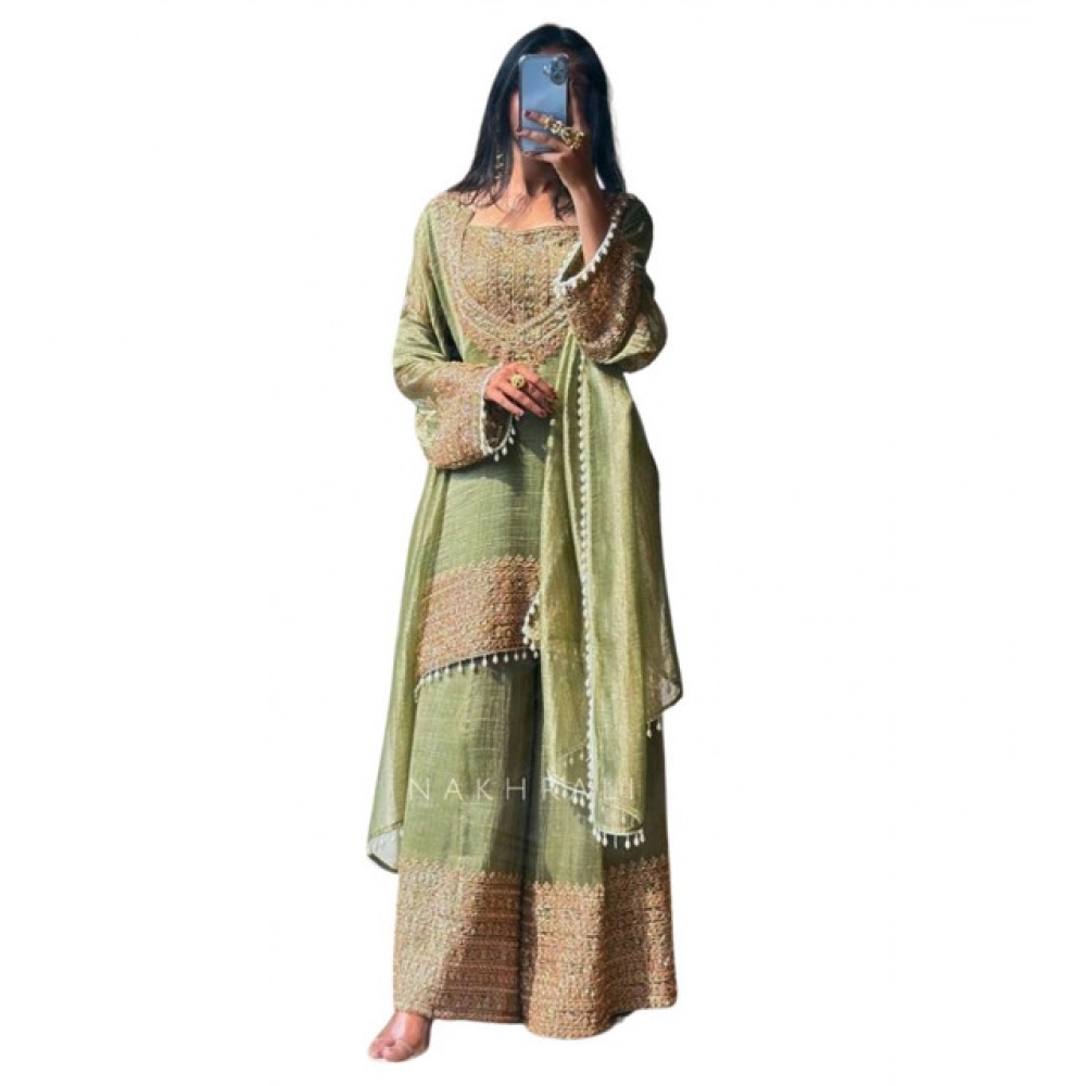 Women's Silk Embroidered 3/4th Sleeve Round Kurti With Sharara Pant and Dupatta Set (Green) - Image 3