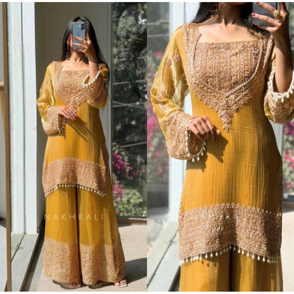 Women's Silk Embroidered 3/4th Sleeve Round Kurti With Sharara Pant and Dupatta Set (Yellow) - Image 6