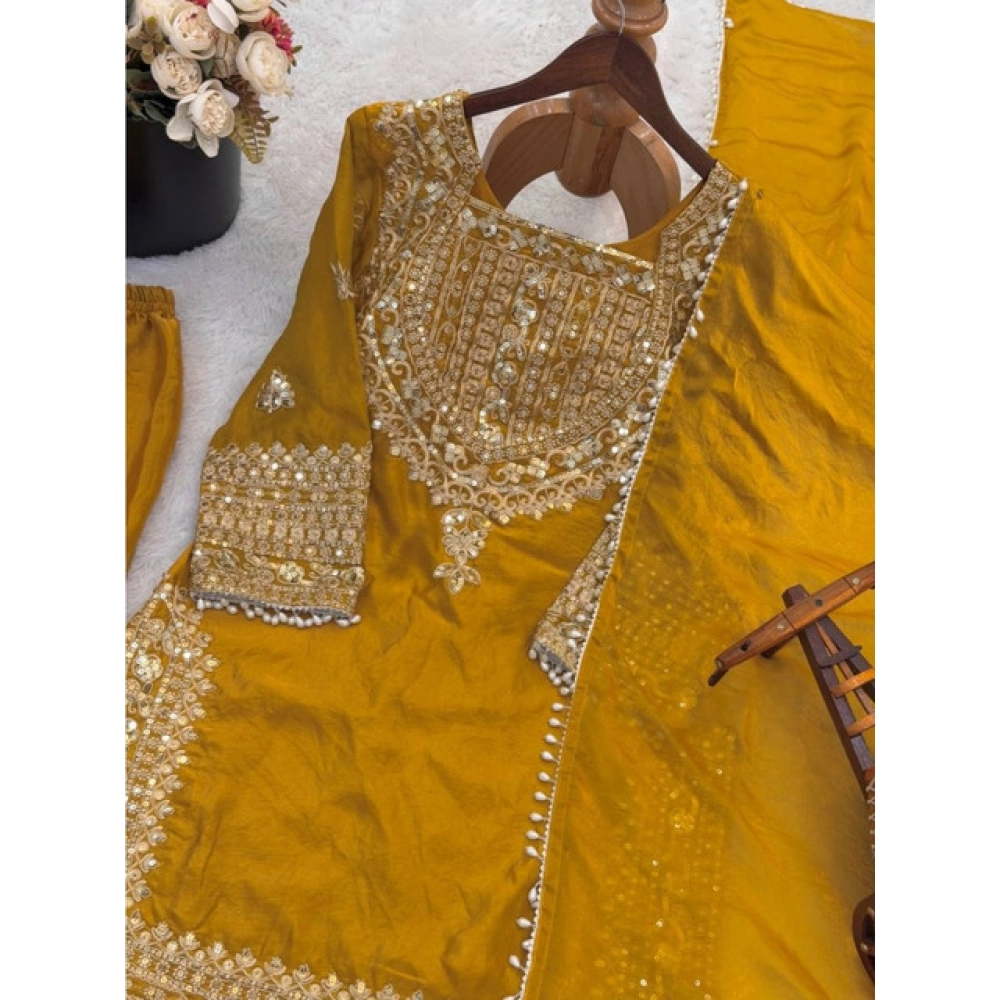 Women's Silk Embroidered 3/4th Sleeve Round Kurti With Sharara Pant and Dupatta Set (Yellow) - Image 5