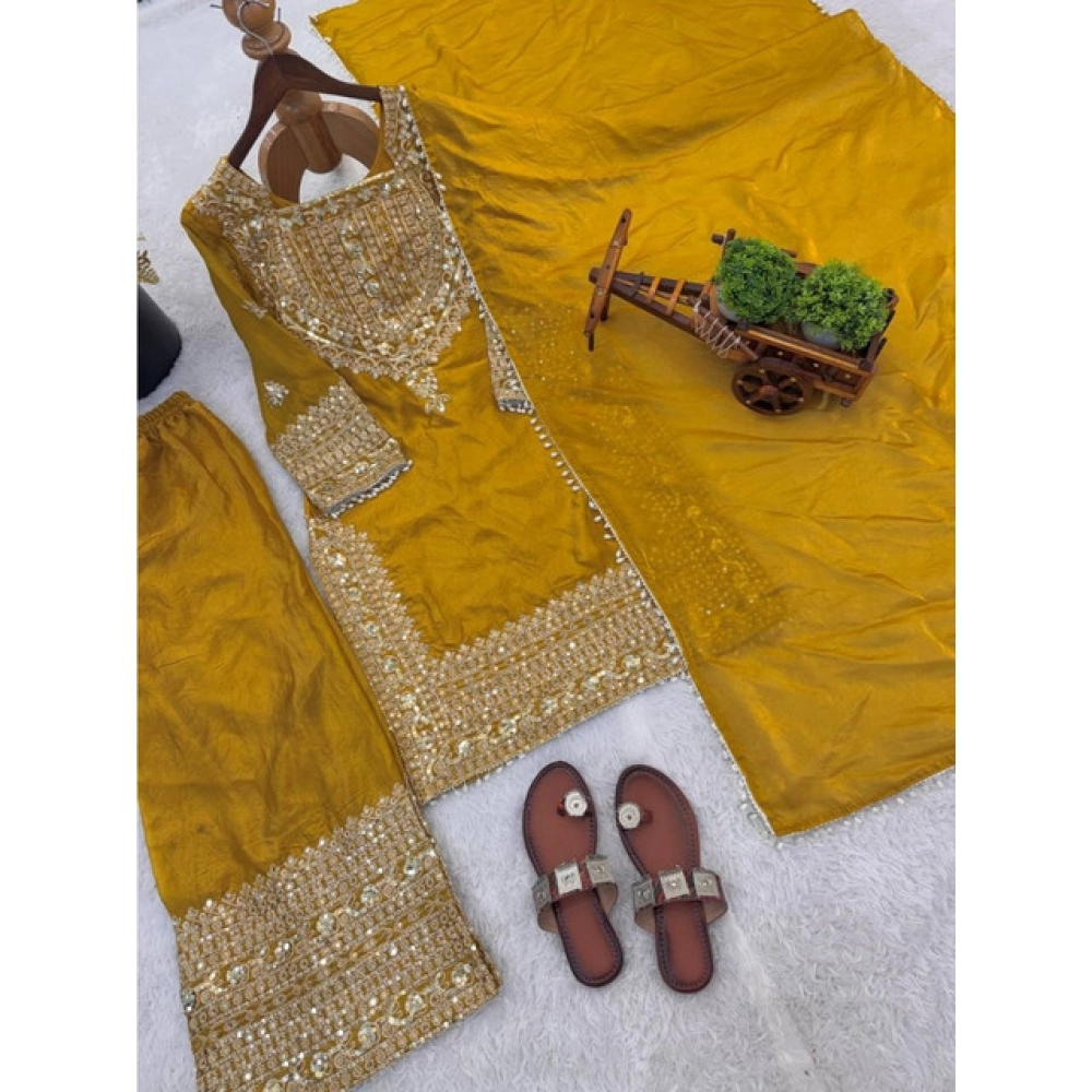 Women's Silk Embroidered 3/4th Sleeve Round Kurti With Sharara Pant and Dupatta Set (Yellow) - Image 3