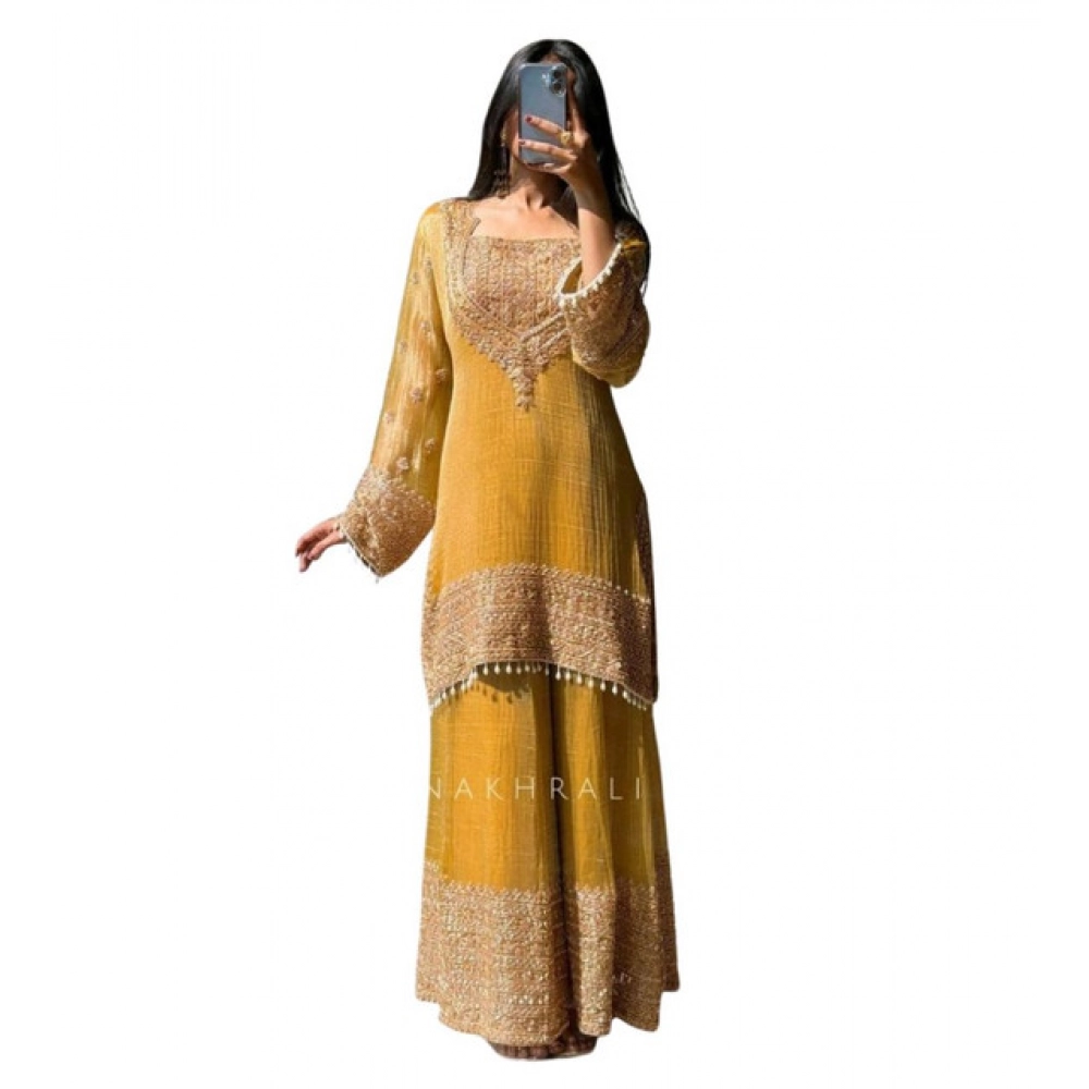 Women's Silk Embroidered 3/4th Sleeve Round Kurti With Sharara Pant and Dupatta Set (Yellow) - Image 4