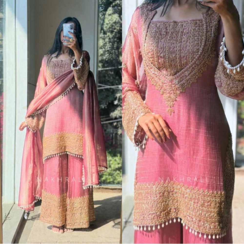 Women's Silk Embroidered 3/4th Sleeve Round Kurti With Sharara Pant and Dupatta Set (Pink) - Image 5