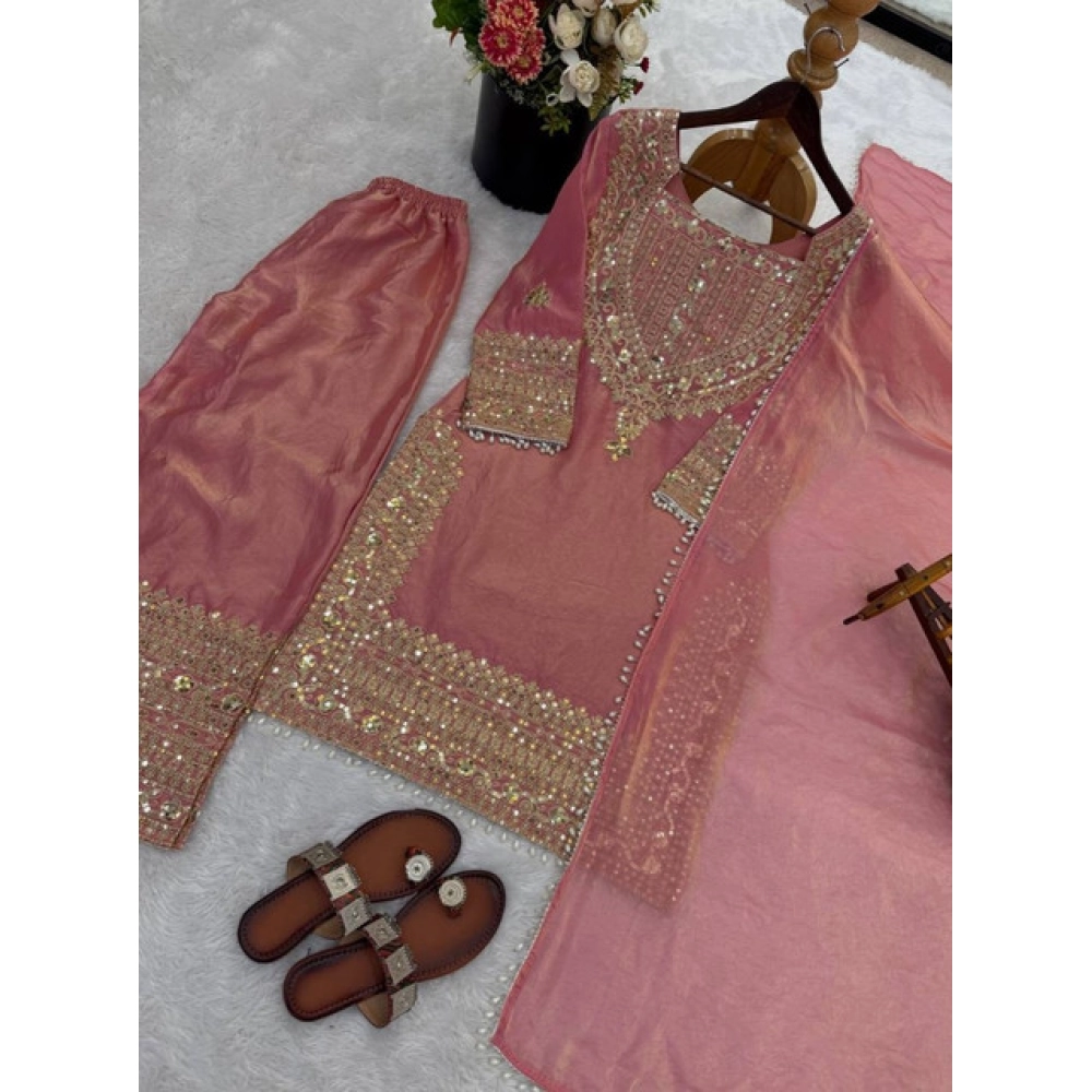 Women's Silk Embroidered 3/4th Sleeve Round Kurti With Sharara Pant and Dupatta Set (Pink) - Image 3