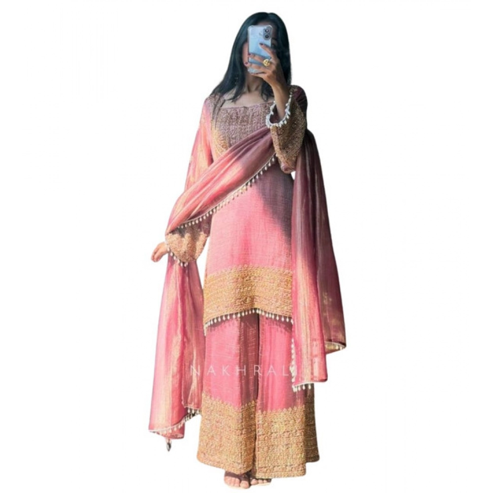 Women's Silk Embroidered 3/4th Sleeve Round Kurti With Sharara Pant and Dupatta Set (Pink) - Image 6