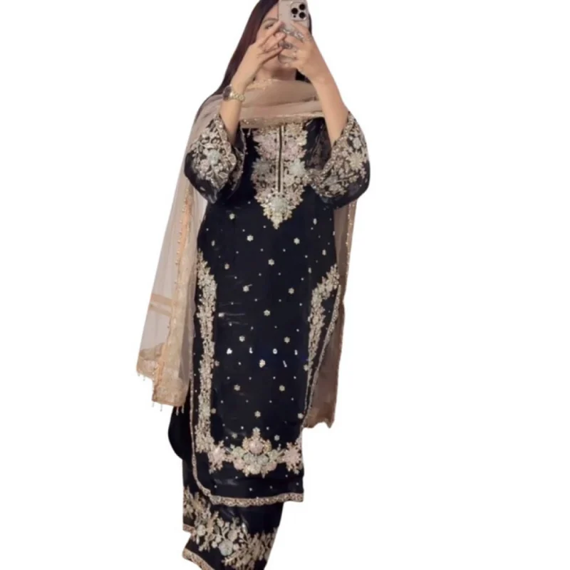 Alternative view of Women's Silk Embroidered 3/4th Sleeve Round Readymade Kurti With Palazzo Pant and Dupatta Set (Black)