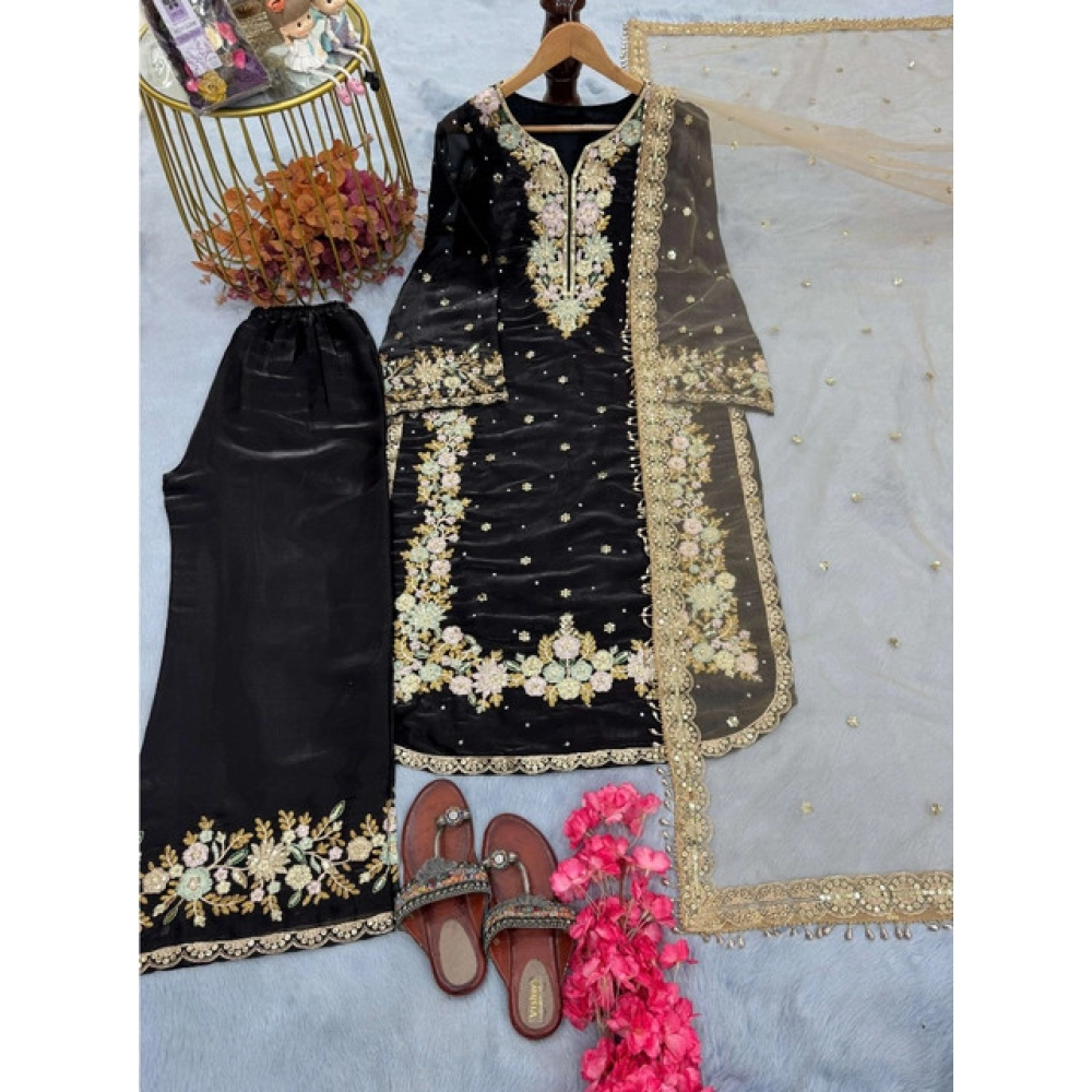 Women's Silk Embroidered 3/4th Sleeve Round Readymade Kurti With Palazzo Pant and Dupatta Set (Black) - Image 4
