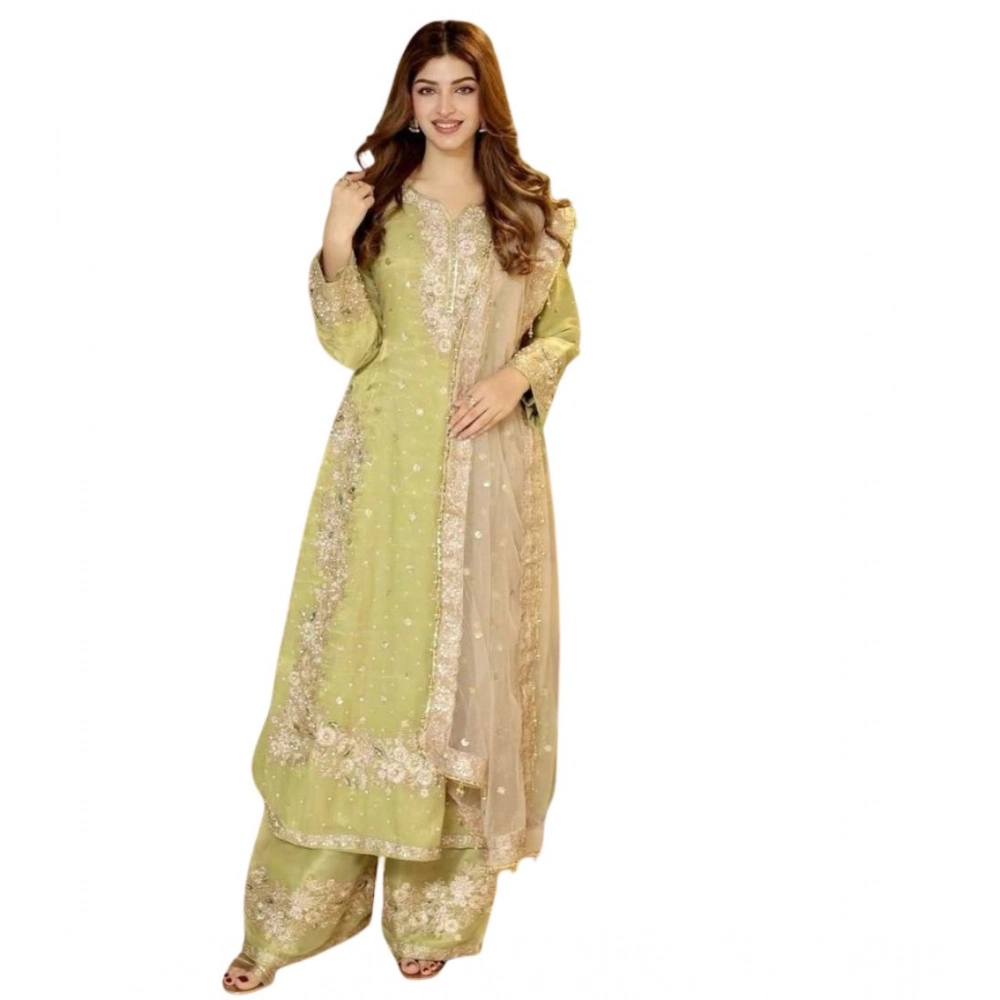 Women's Silk Embroidered 3/4th Sleeve Round Readymade Kurti With Palazzo Pant and Dupatta Set (Pista) - Image 3