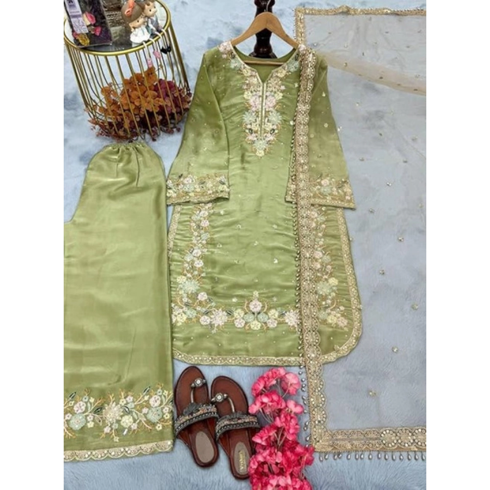 Women's Silk Embroidered 3/4th Sleeve Round Readymade Kurti With Palazzo Pant and Dupatta Set (Pista) - Image 4