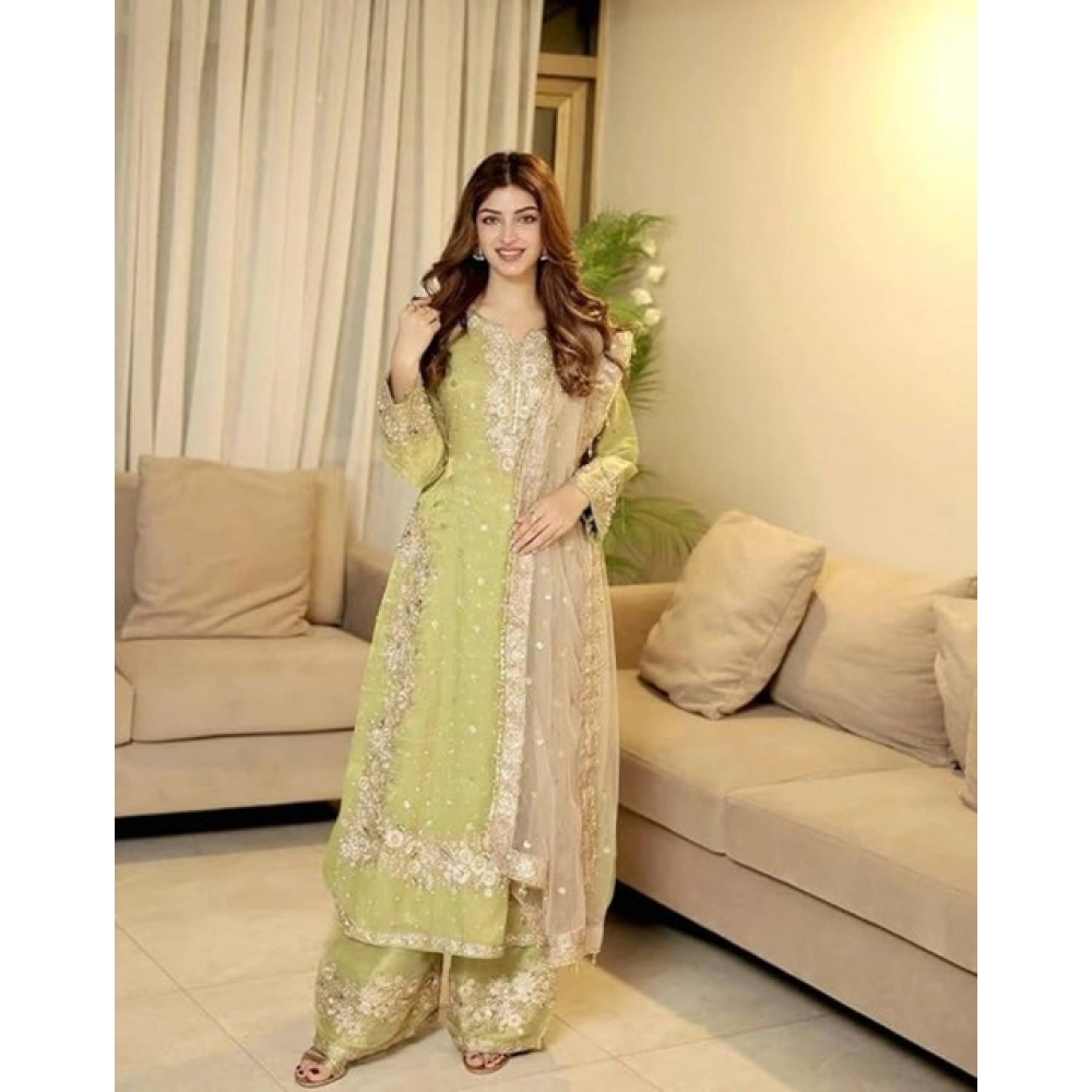 Women's Silk Embroidered 3/4th Sleeve Round Readymade Kurti With Palazzo Pant and Dupatta Set (Pista) - Image 5