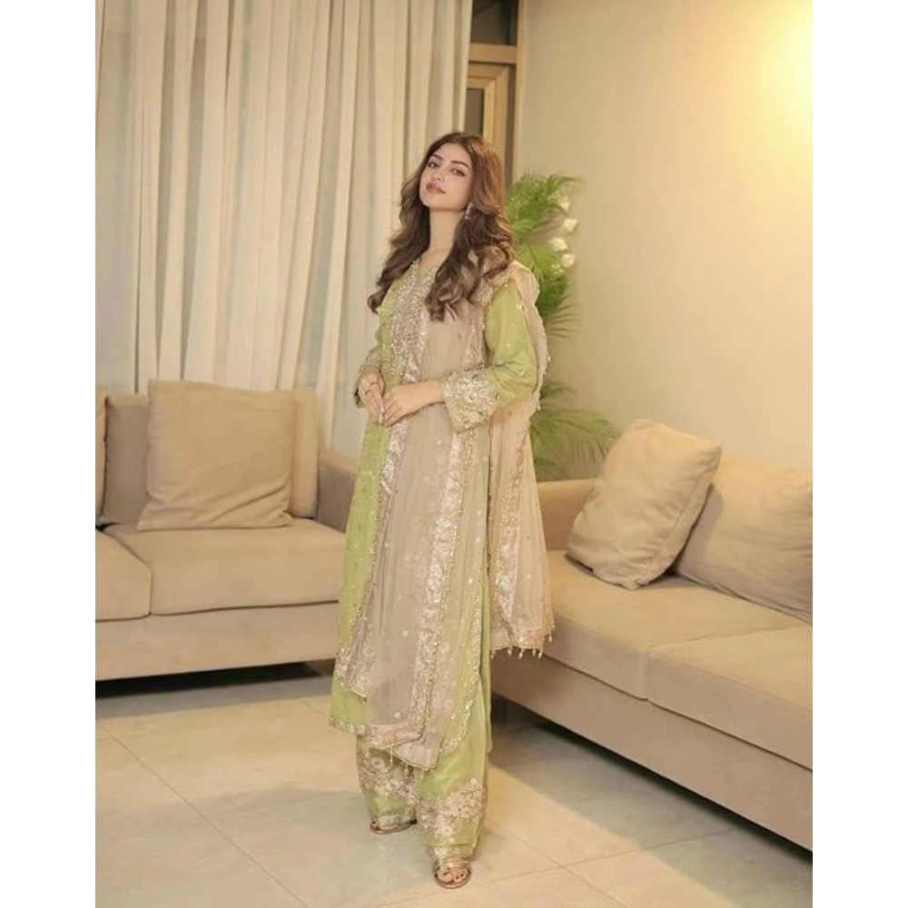 Women's Silk Embroidered 3/4th Sleeve Round Readymade Kurti With Palazzo Pant and Dupatta Set (Pista) - Image 6