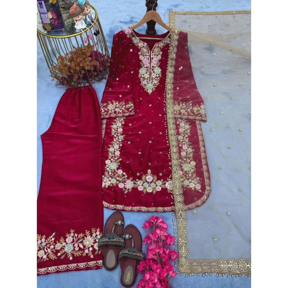 Women's Silk Embroidered 3/4th Sleeve Round Readymade Kurti With Palazzo Pant and Dupatta Set (Red) - Image 3