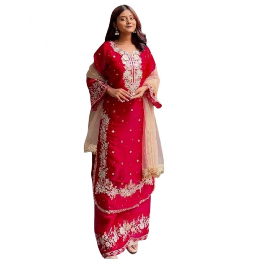 Women's Silk Embroidered 3/4th Sleeve Round Readymade Kurti With Palazzo Pant and Dupatta Set (Red) - Image 4