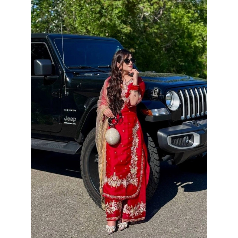 Women's Silk Embroidered 3/4th Sleeve Round Readymade Kurti With Palazzo Pant and Dupatta Set (Red) - Image 5