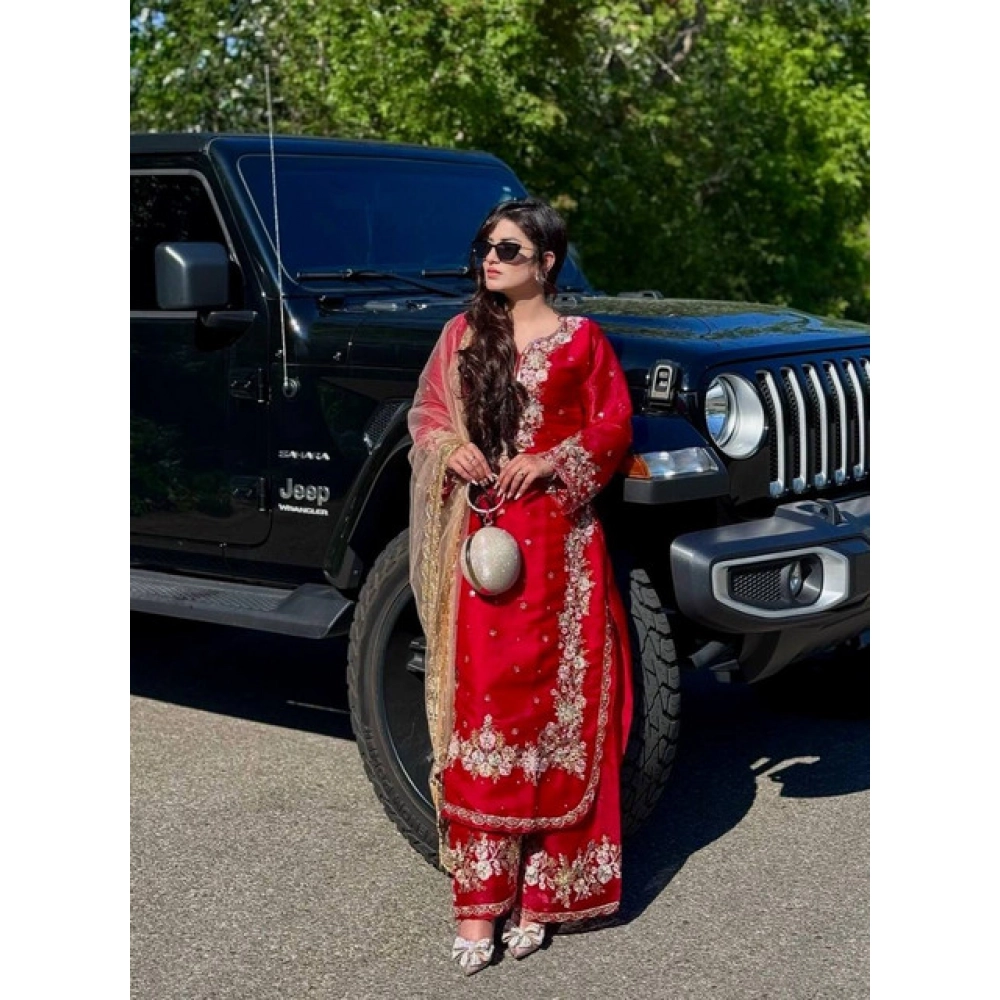 Women's Silk Embroidered 3/4th Sleeve Round Readymade Kurti With Palazzo Pant and Dupatta Set (Red) - Image 6