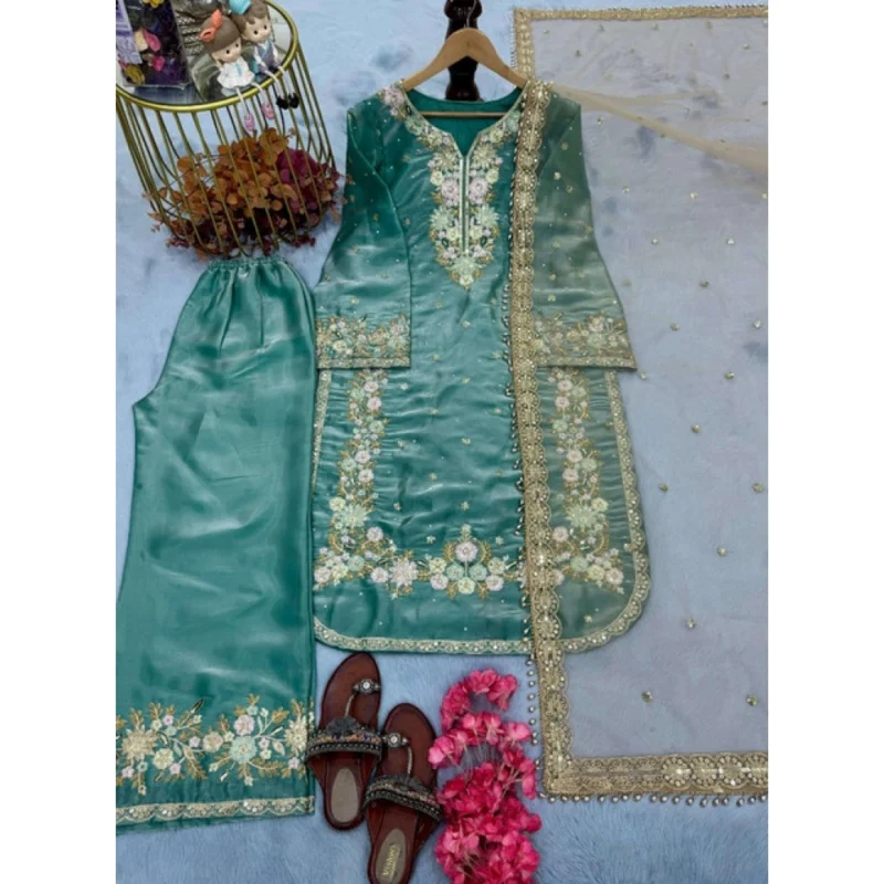 Alternative view of Women's Silk Embroidered 3/4th Sleeve Round Readymade Kurti With Palazzo Pant and Dupatta Set (Sea Green)