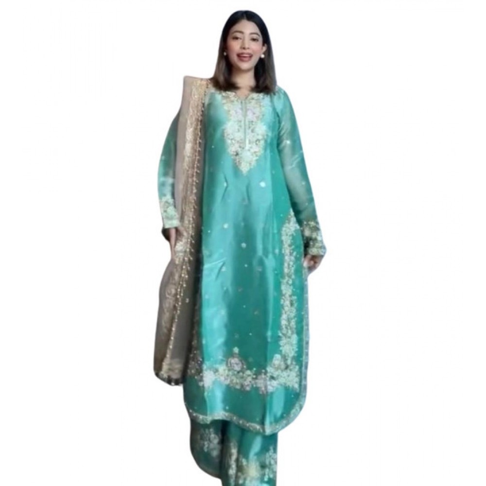 Women's Silk Embroidered 3/4th Sleeve Round Readymade Kurti With Palazzo Pant and Dupatta Set (Sea Green) - Image 4