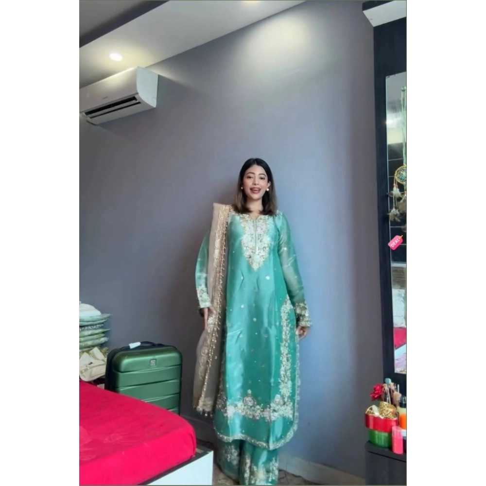 Women's Silk Embroidered 3/4th Sleeve Round Readymade Kurti With Palazzo Pant and Dupatta Set (Sea Green) - Image 5