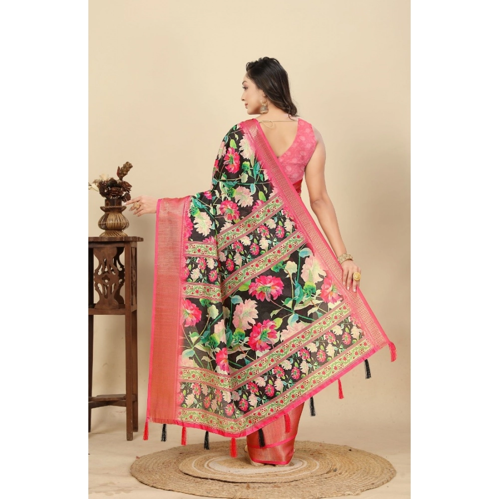 Women's Cotton Silk Floral Printed Saree With Unstitched Blouse 5.5Mtr (Black) - Image 5