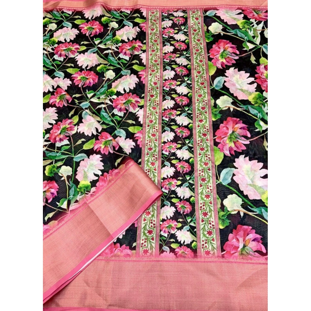 Women's Cotton Silk Floral Printed Saree With Unstitched Blouse 5.5Mtr (Black) - Image 3