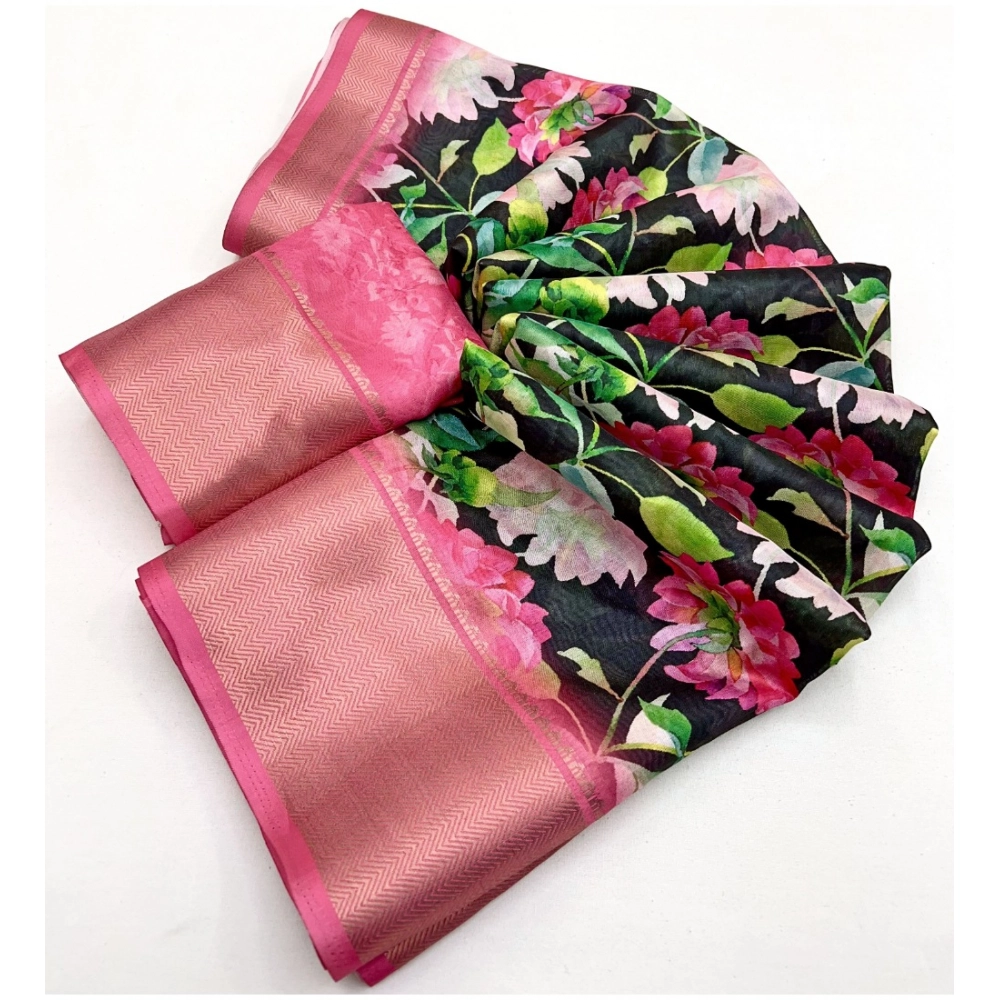 Women's Cotton Silk Floral Printed Saree With Unstitched Blouse 5.5Mtr (Black) - Image 2