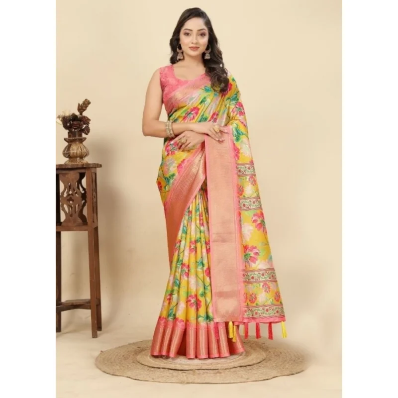 Women's Cotton Silk Floral Printed Saree With Unstitched Blouse 5.5Mtr (Yellow)