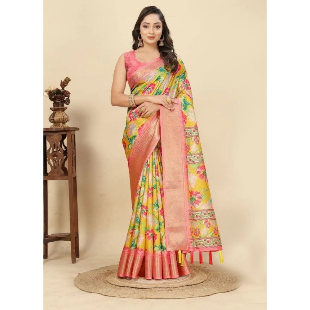 Women's Cotton Silk Floral Printed Saree With Unstitched Blouse 5.5Mtr (Yellow)