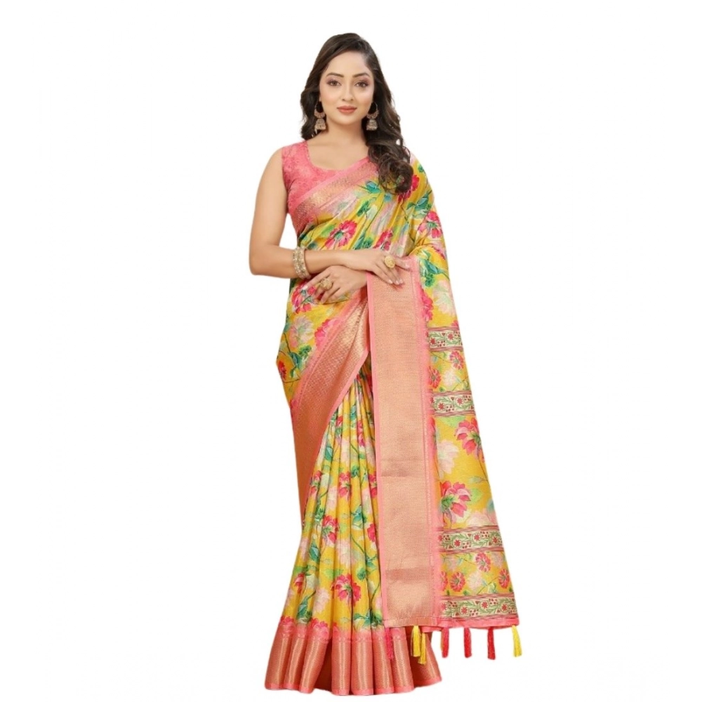 Women's Cotton Silk Floral Printed Saree With Unstitched Blouse 5.5Mtr (Yellow) - Image 6