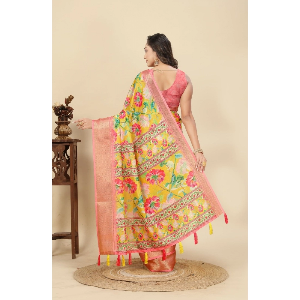 Women's Cotton Silk Floral Printed Saree With Unstitched Blouse 5.5Mtr (Yellow) - Image 5