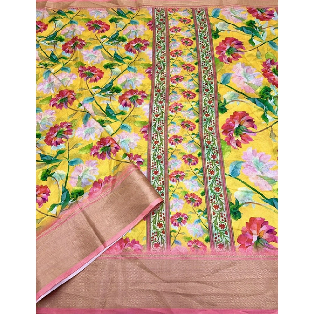 Women's Cotton Silk Floral Printed Saree With Unstitched Blouse 5.5Mtr (Yellow) - Image 3