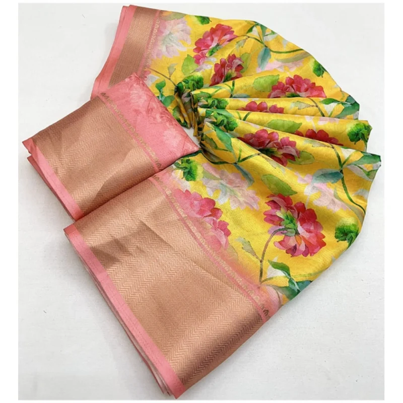 Alternative view of Women's Cotton Silk Floral Printed Saree With Unstitched Blouse 5.5Mtr (Yellow)