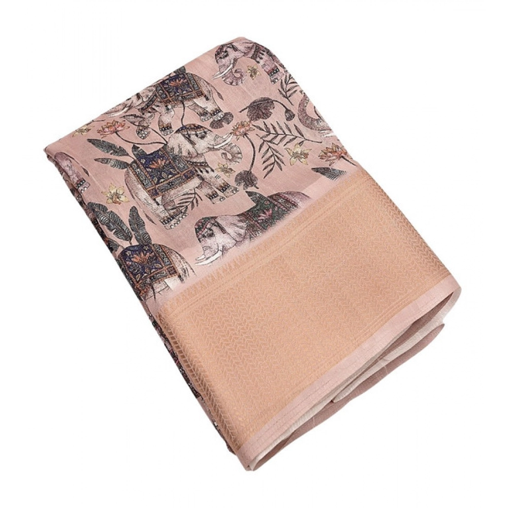 Women's Cotton Silk Printed Saree With Unstitched Blouse 5.5Mtr (Cream-Black) - Image 3